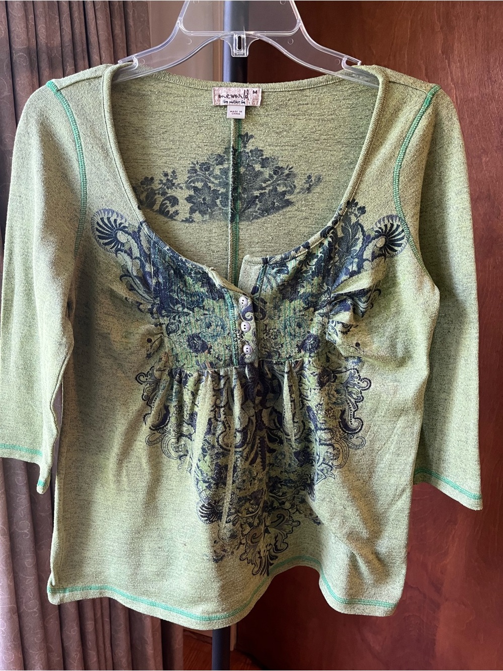 ONE WORLD Green Henley with Navy Floral Print